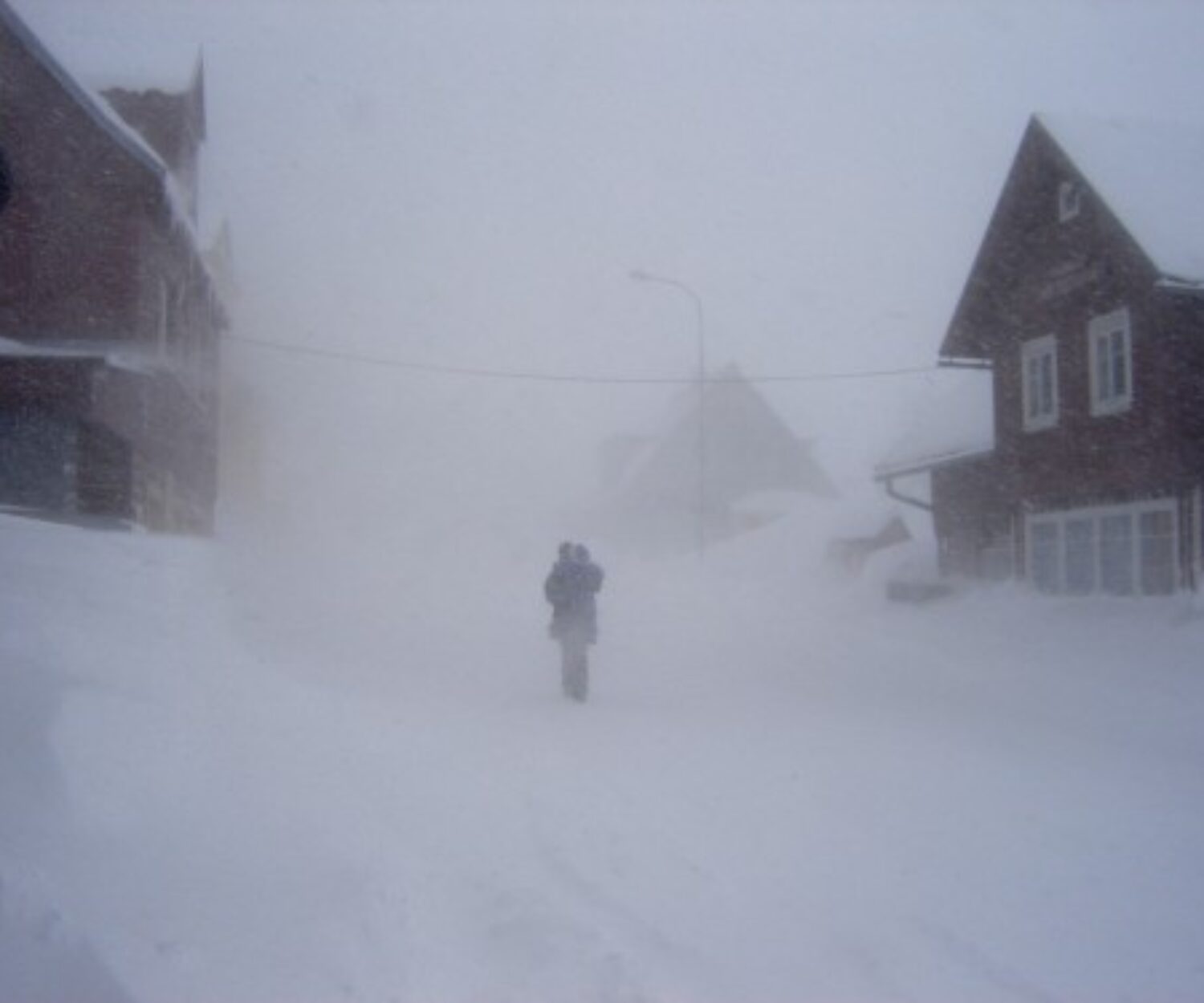A town is covered in snow